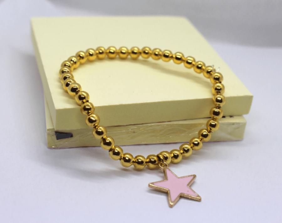Gold Beads With Star Pendant  Sttetchable Bracelet