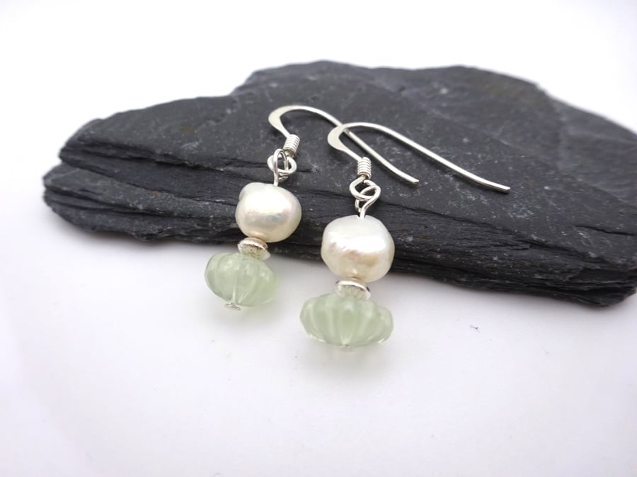 prehnite gemstone and freshwater pearl earrings