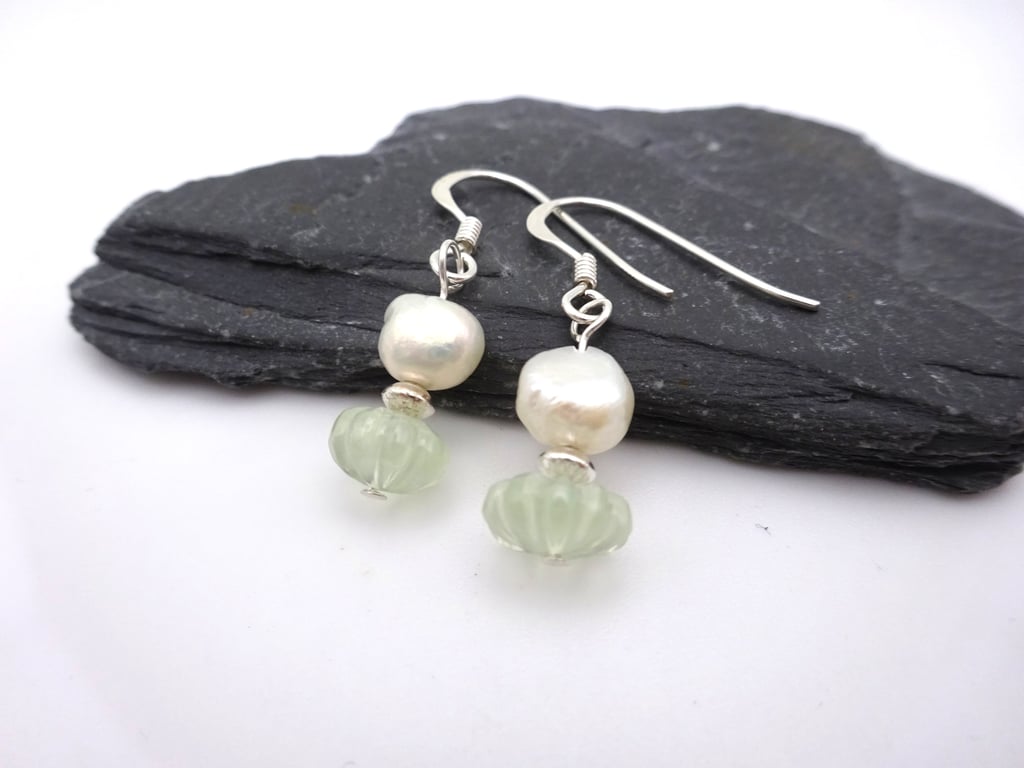 prehnite gemstone and freshwater pearl earrings