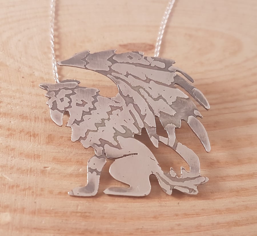 Sterling Silver Etched Griffin Necklace