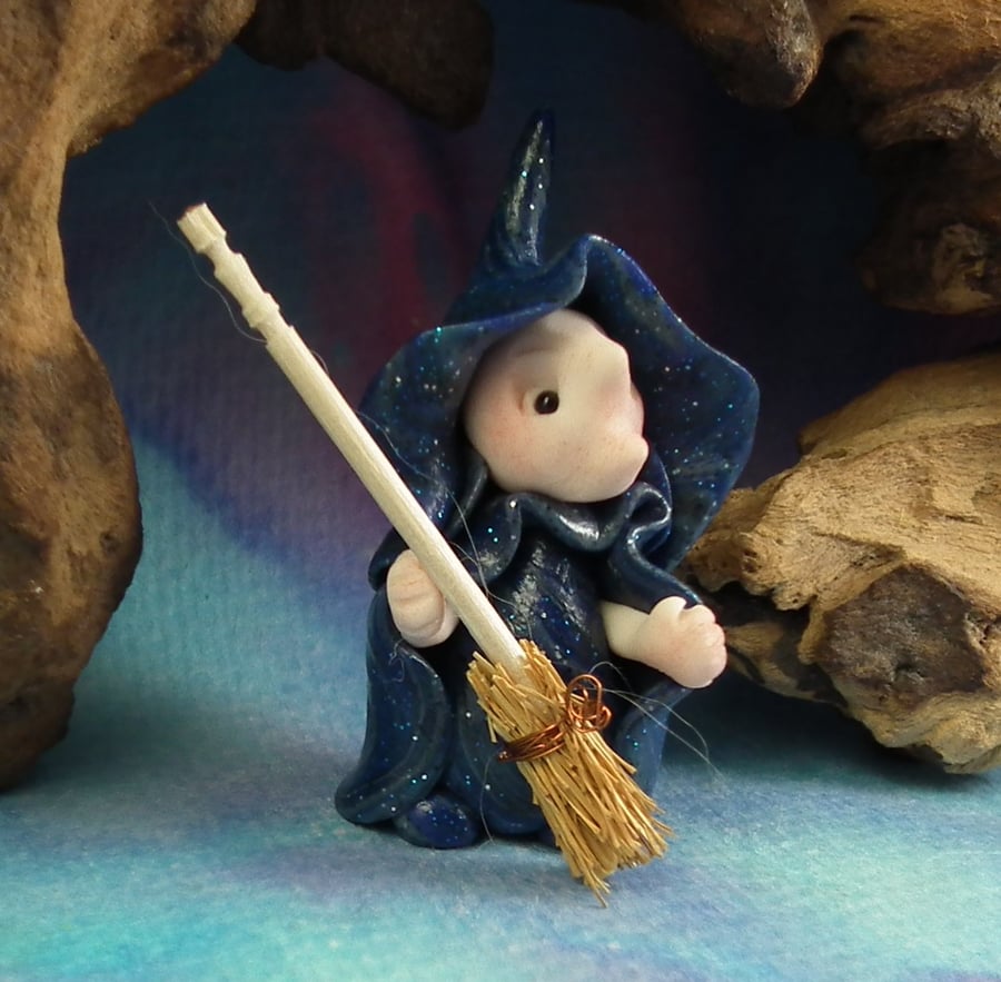 Tiny Witch Gnome 'Lena' with broomstick OOAK Sculpt by Ann Galvin
