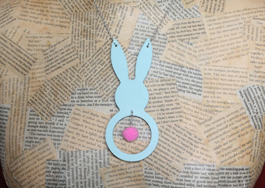Wooden Bunny Rabbit Pom Pom Tail Statement Necklace Blue