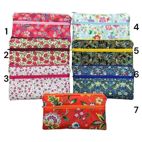 Liberty fabric two pocket pouch, double pocket cosmetics case, 2 section pencil 