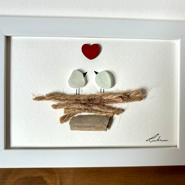 Love birds, framed picture, sea glass art, present , wall decoration 