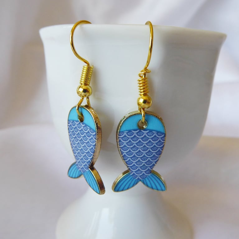 Blue Fish shaped Earrings with gold plated ear wires