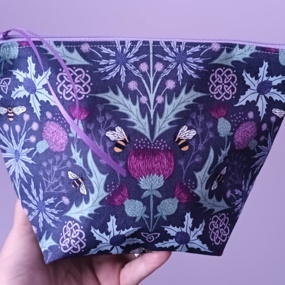 Thistle And Bees Purple Flat Bottomed Make Up, Cosmetic Bag. Free Delivery
