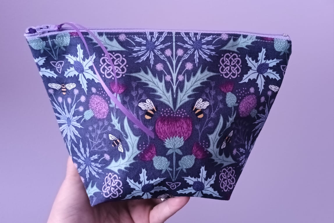 Thistle And Bees Purple Flat Bottomed Make Up, Cosmetic Bag. Free Delivery