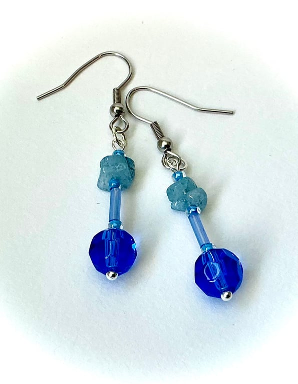 Blue Glass and Aquamarine Chip Earrings