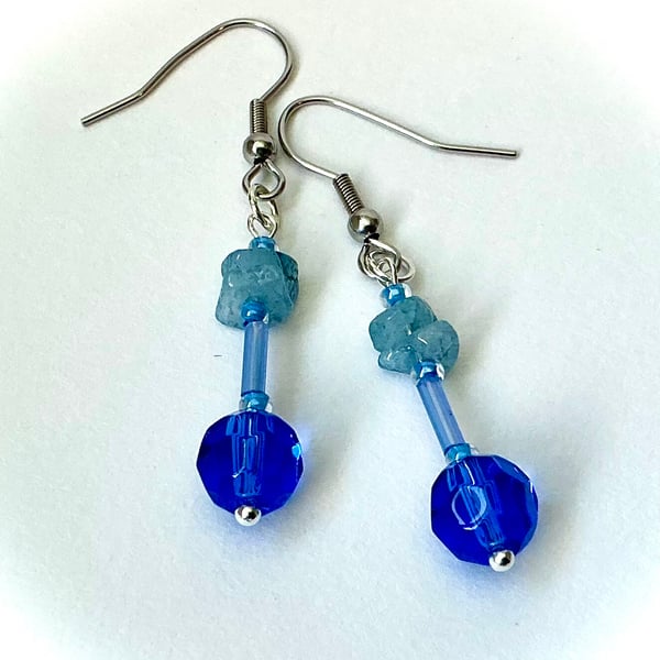 Blue Glass and Aquamarine Chip Earrings