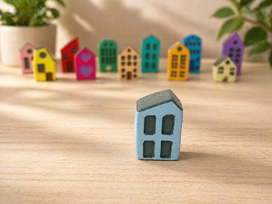 Handmade Mini Clay House - Light blue Painted Village Decor