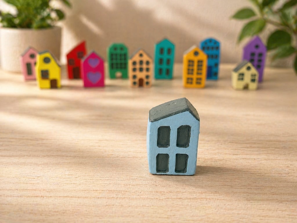 Handmade Mini Clay House - Light blue Painted Village Decor