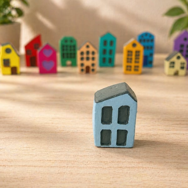 Handmade Mini Clay House - Light blue Painted Village Decor
