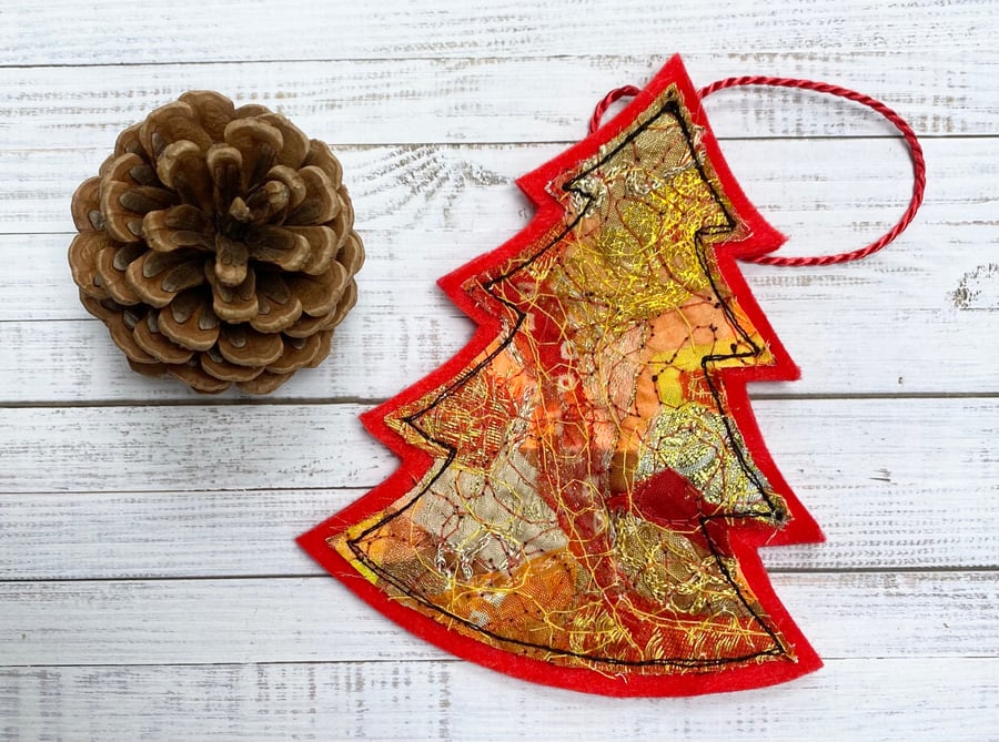 Embroidered up-cycled golden Christmas tree  home decoration. 