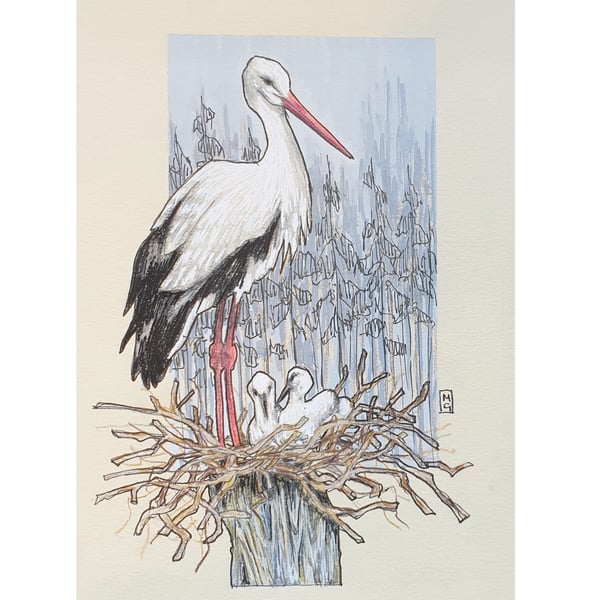 White stork on a nest with chicks, Original drawing, bird wall art