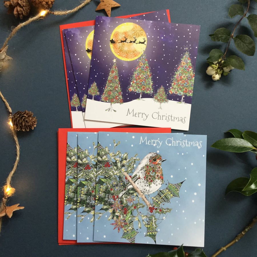 Christmas card pack of 6 cards  (2 different designs) 