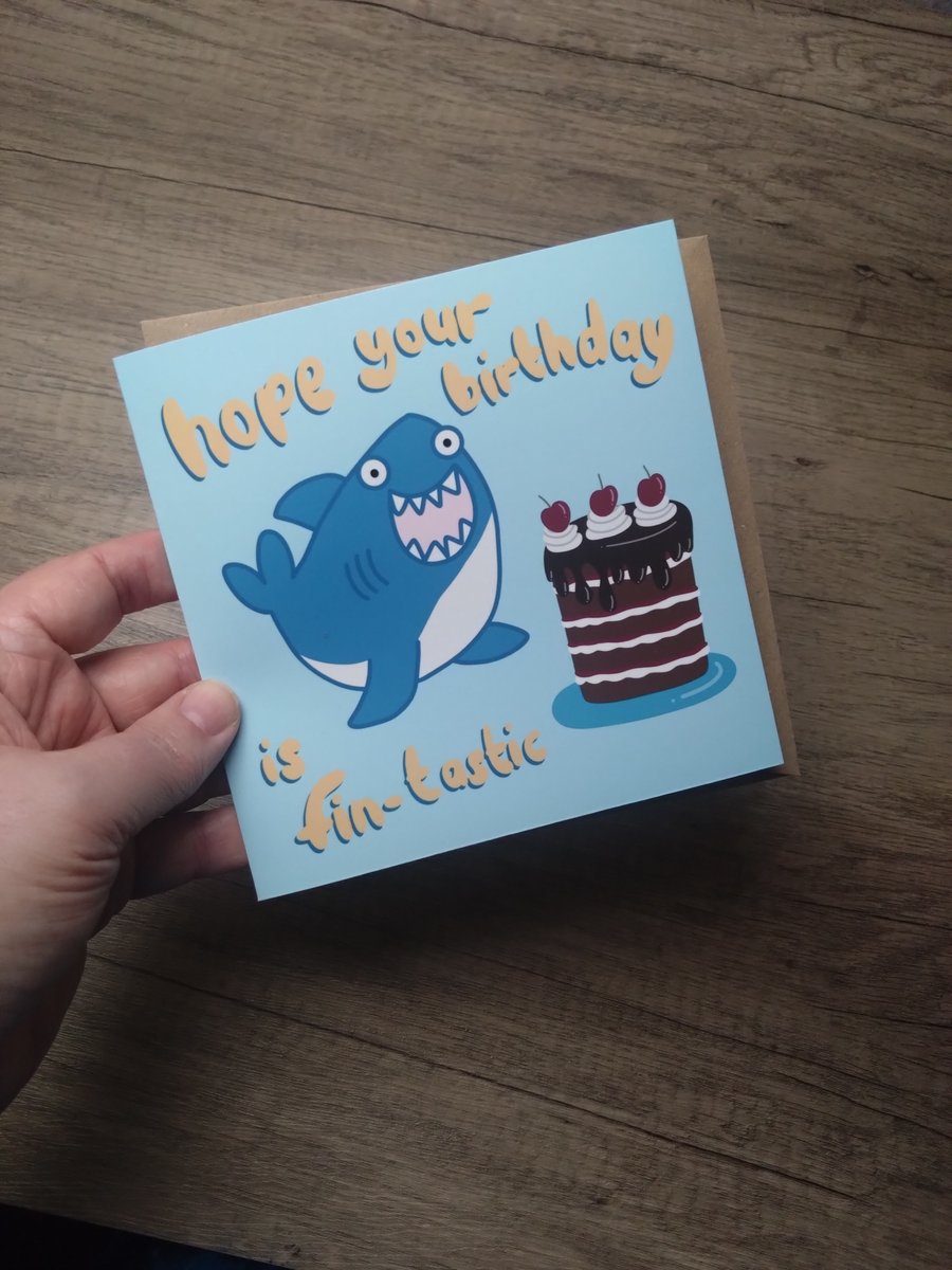 Happy shark with cake birthday card