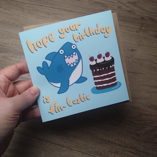 Happy shark with cake birthday card
