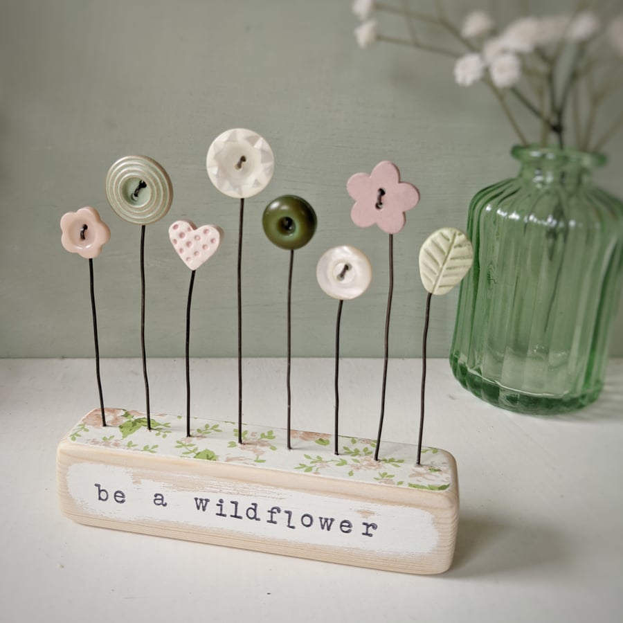 Clay and Button Flower Garden in a Floral Wood Block 'Be a Wildflower'