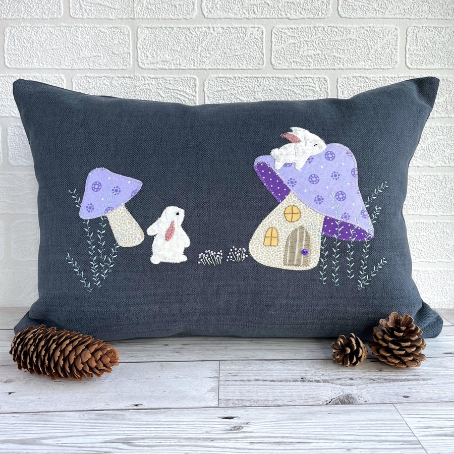 Mushroom House and Rabbits Cushion