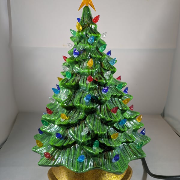 Ceramic Green Christmas Tree Xmas Table Lamp Light Ornament Decoration.
