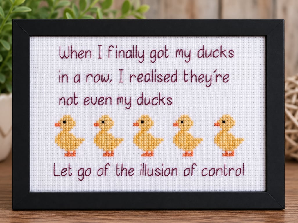 Ducks in a Row – Funny Handmade Cross Stitch Quote – Black Framed Gift 5x7