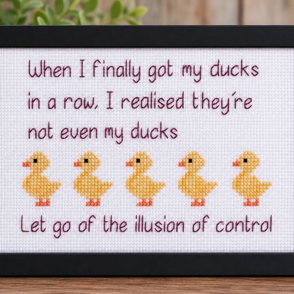 Ducks in a Row – Funny Handmade Cross Stitch Quote – Black Framed Gift 5x7