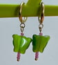 Green cat's eye huggie butterfly hoops pink toho beads gold tone - Image 2