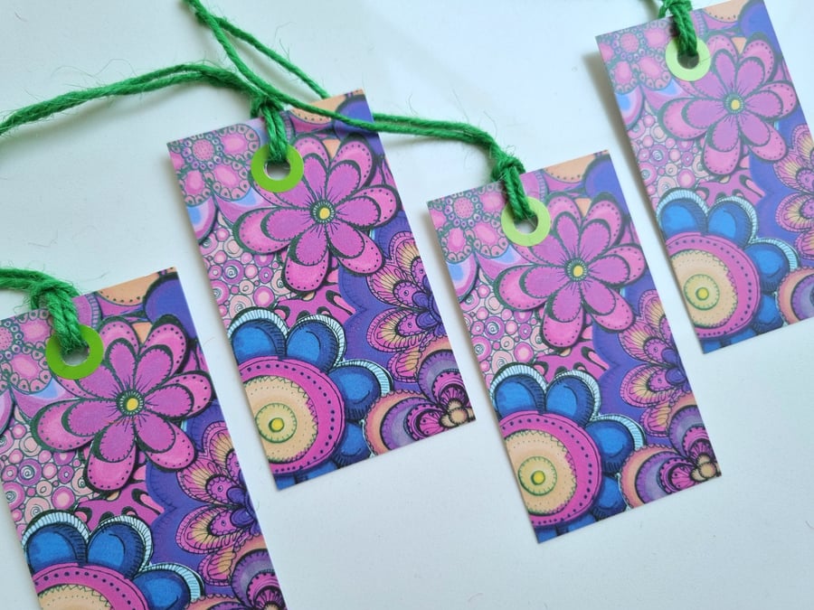 Gift Tag, Blank, Retro, Flower Power, Handrawn Illustration, printed, 4 pack, 