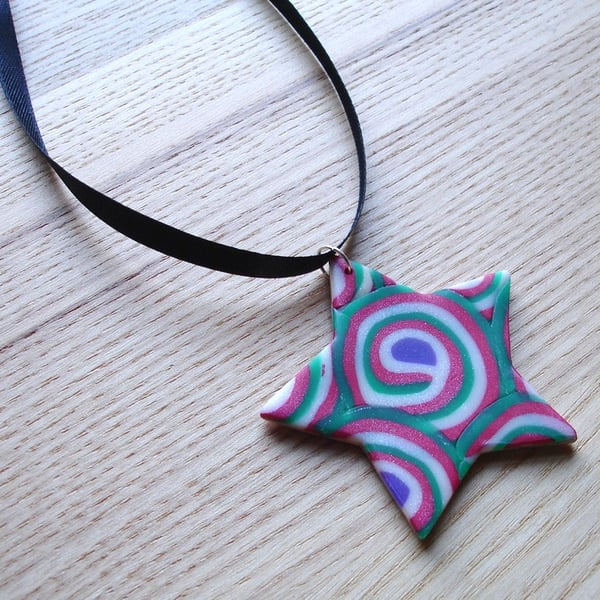 Red and Green Star FIMO Polymer Clay Pendant