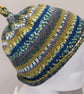 Handknit KNOTTY TOP Merino Beanie. Fairisle effect Olive Blue Small - Image 5