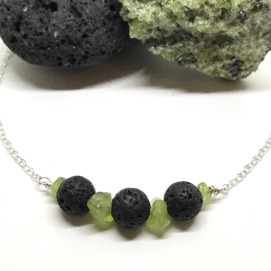 Black Lava Bead and Peridot Chip Sterling Silver Necklace