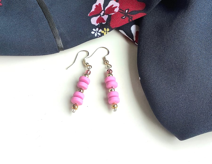 Cute funky lilac pink polymer clay bead earrings, pale gold
