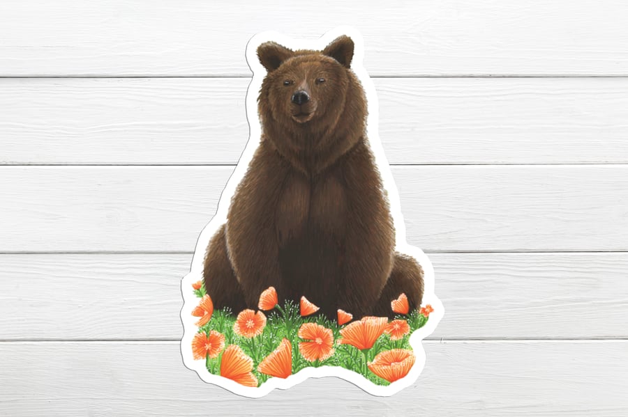Bear with orange poppies vinyl sticker
