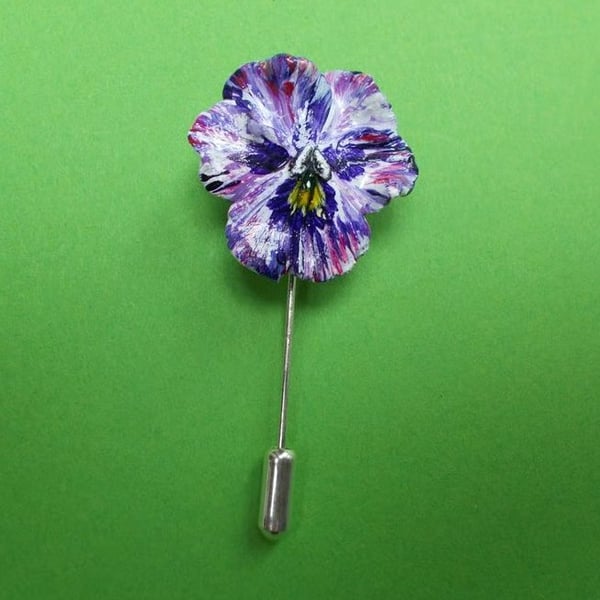  PURPLE PANSY PIN Clay Viola Remembrance Lapel Flower Pin HANDMADE HANDPAINTED