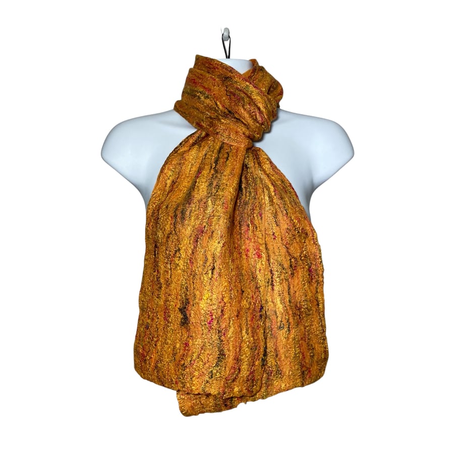 Felted amber Scarf, merino wool with multicoloured silk fibre embellishment,