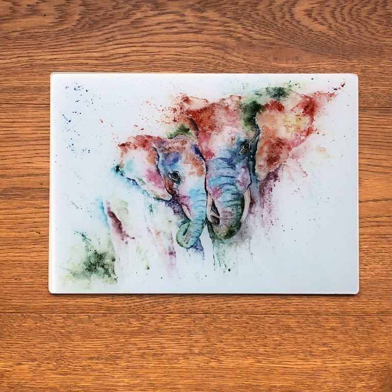 Elephants Watercolour Glass Placemat, Wildlife Table Mat, 20x28cm, Glass Trivet,