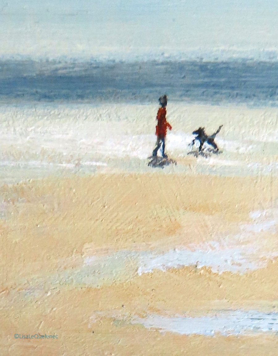 Original acrylic painting low tide beach walking the dog art picture
