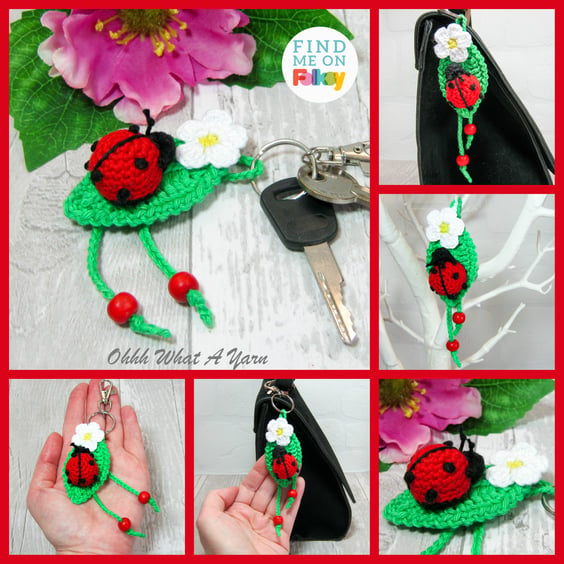 Ladybird and leaf crochet bag charm. Ladybird key ring.