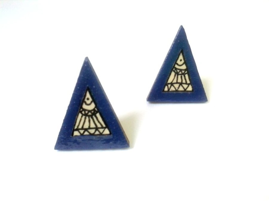 Navy Blue Illustrated Paper Wooden Triangle Post Stud Earrings