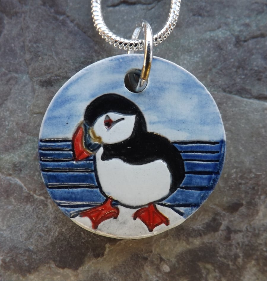 Handmade Ceramic Puffin Pendant in blue