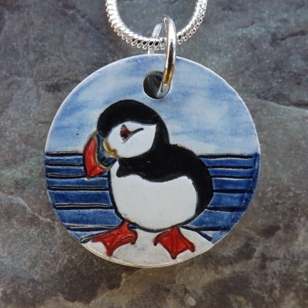 Handmade Ceramic Puffin Pendant in blue