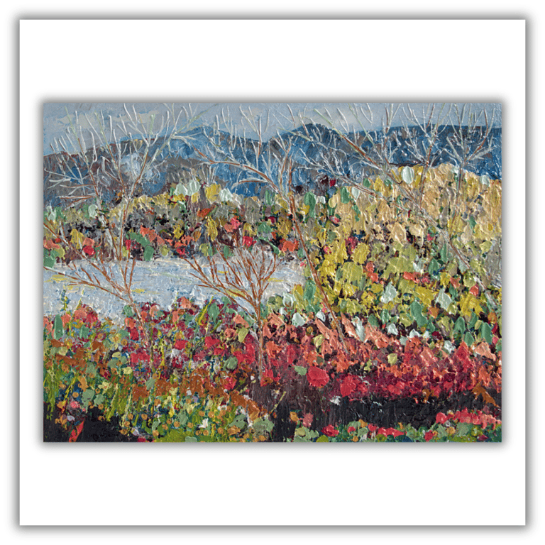 A framed painting of a Scottish landscape - impasto - oil painting - wildflowers