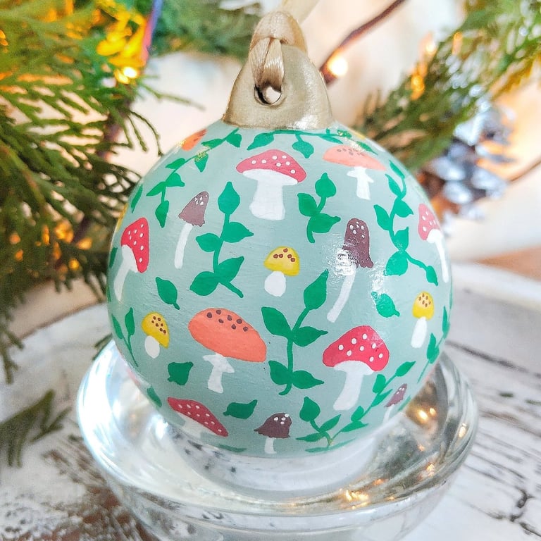 Hand Painted Green Toadstool Christmas Bauble