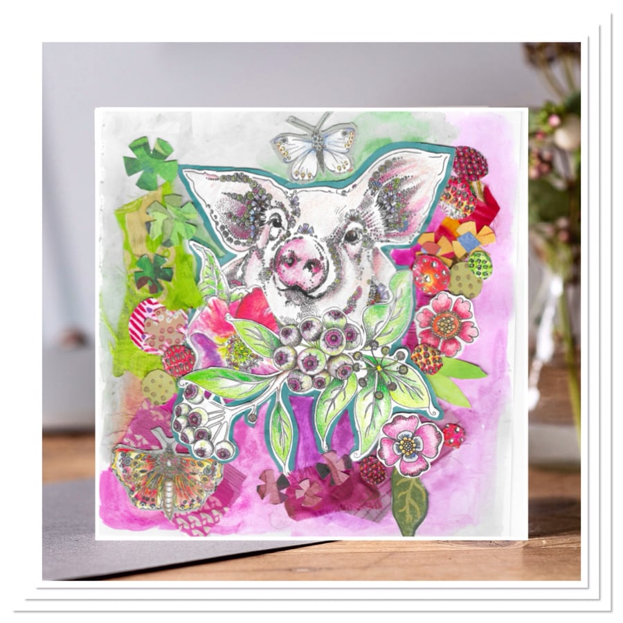 Rosie the Piggy collage greeting card