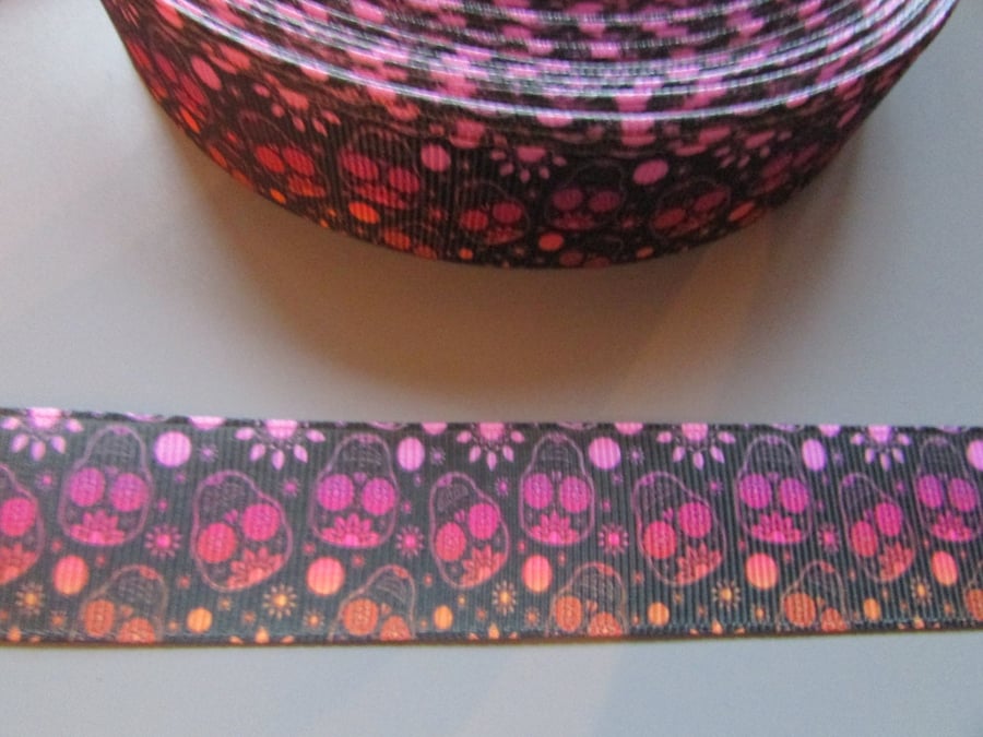 Sugar Skulls Day of the Dead Calaveras Grosgrain Ribbon x 1 metre