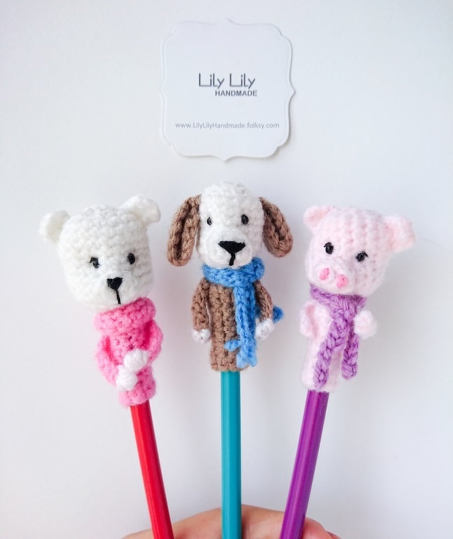 Set of 3 animal pencil toppers, Handmade