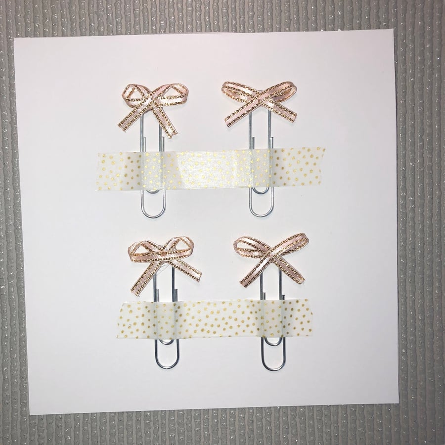 4x Baby Pink & Gold Satin Bow Paperclips