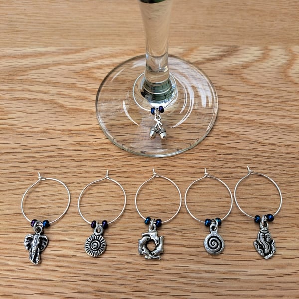 Wine Glass Charms – Set of 6 – Mixed Tibetan Silver Charms & Blue-Iris Beads