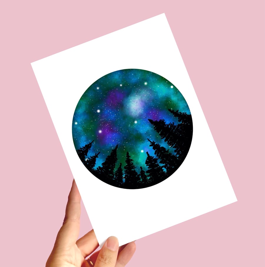 Night Sky Forest Scene A5 Print, Woodland Wall Art Print.