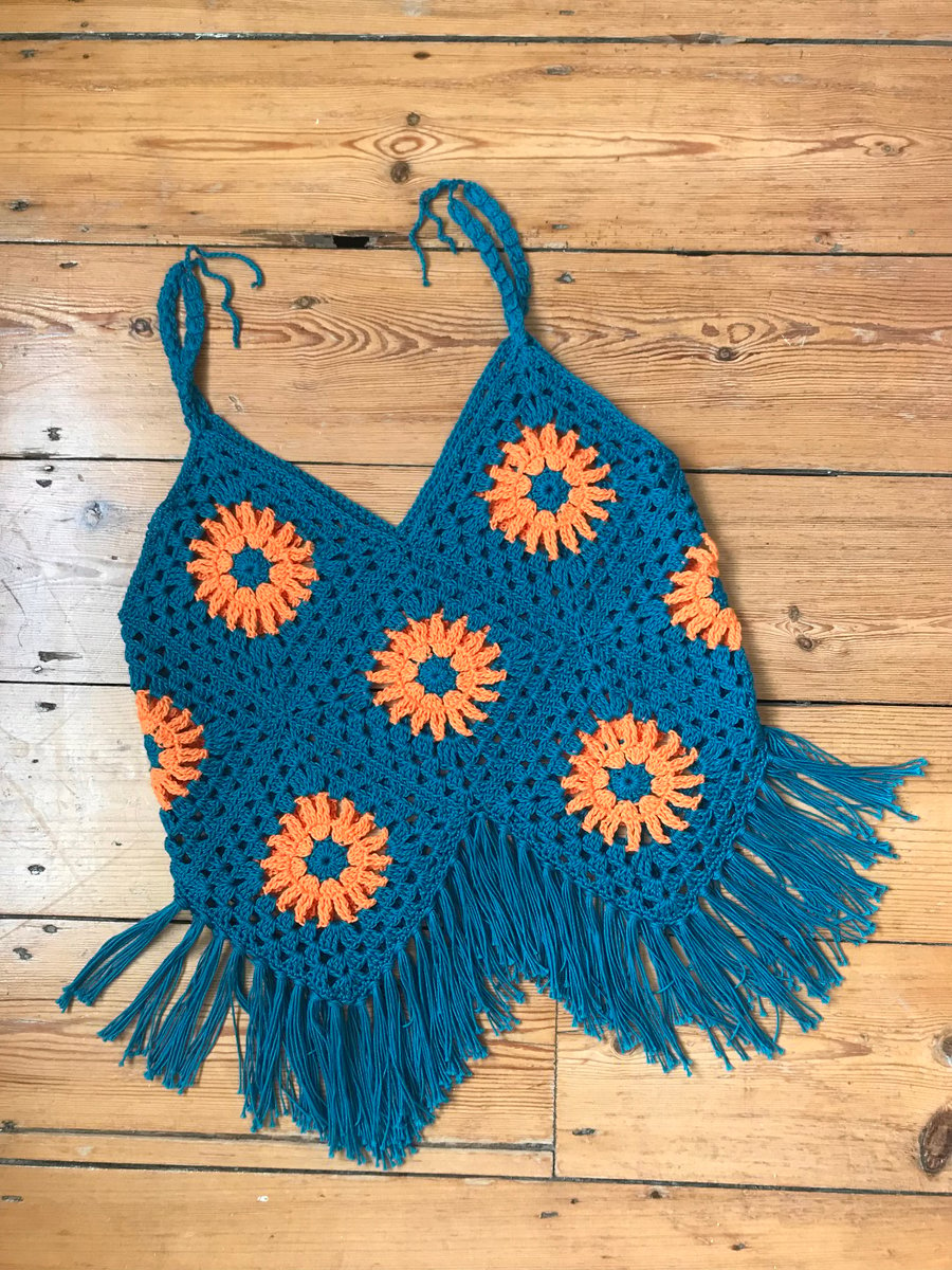 Summer Top. Crochet. Handmade. Blue and Orange. Small size (8)